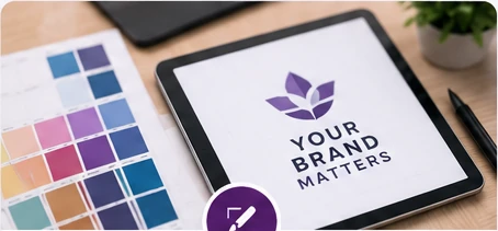 Brand identity and graphic design workspace with color palette and logo concept